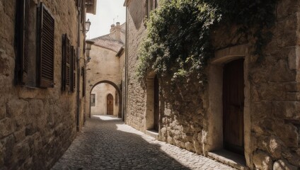 Fototapeta premium Narrow, stone alleyway in an old European town with arched doorways and climbing plants