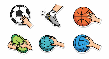 Illustration of various sports balls being held by hands isolated on white background