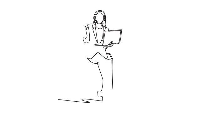 Welcome female operator put on smalltalk headphone with laptop. Client First concept. Single line draw design. Full length animation illustration. High quality 4k footage