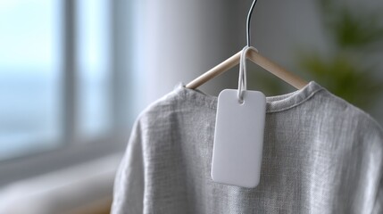 Clothing tag on linen shirt, calm minimal style with soft natural light, retail branding mockup for eco fashion, boutique merchandising, and product identity