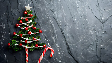 Christmas Card - Loading Concept - Tree And Candy Canes On Black Stone 