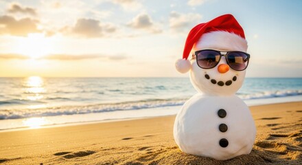 Festive snowman basking in the sun on a tropical beach at sunset