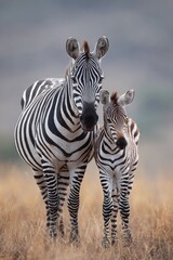 Fototapeta premium Zebra mother and calf in savanna (2)