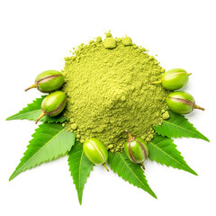 Neem powder with fresh neem leaves and fruits isolated on white background , ai generated image