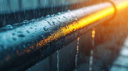 Close-up of rainwater filter system showing clean droplets entering collection pipe. 
