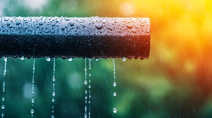 Close-up of rainwater filter system showing clean droplets entering collection pipe. 