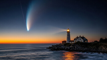 Lighthouse and Coastal Buildings under Comet at Night
