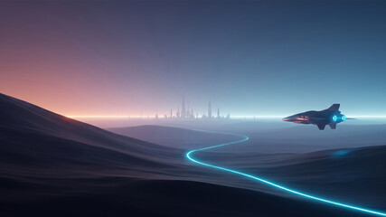 Futuristic Cityscape, Spacecraft, and Blue Line over Landscape