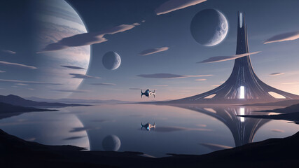 Exoplanet Landscape with Structure, Spacecraft, and Celestial Bodies