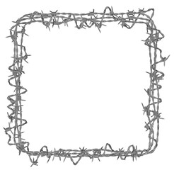 square frame created from tangled barbed wire. isolated 3d render of a sharp metal border with clear copy space.