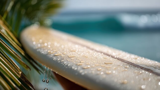 Surfboard and ocean in focus with fresh droplets, tropical palm edge, calm anticipation before the wave, minimal seascape style for summer beach lifestyle, sport, travel ads with bokeh copy