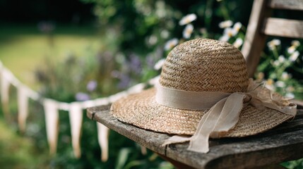 straw hat in garden – Woven sun hat on rustic wooden chair, calm nostalgic mood, soft bokeh still life, natural light, lifestyle aesthetic for summer fashion, outdoor leisure, rural branding and