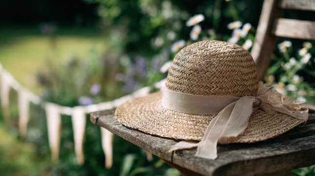straw hat in garden – Woven sun hat on rustic wooden chair, calm nostalgic mood, soft bokeh still life, natural light, lifestyle aesthetic for summer fashion, outdoor leisure, rural branding and - Powered by Adobe