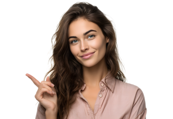 Portrait of a smiling young woman pointing to the sides on a white background.