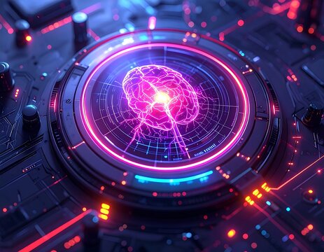 Futuristic AI Brain Circuit Board with Neon Glow.