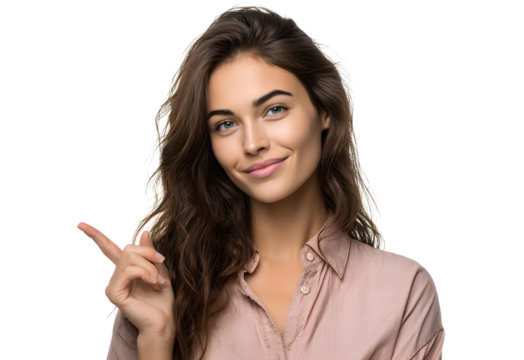 Portrait of a smiling young woman pointing to the sides on a white background. - Powered by Adobe