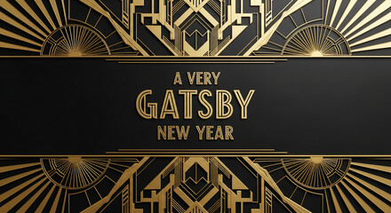Golden art deco frame on black background, with text A Very Gatsby New Year. Representative of festive, elegant, and retro themed celebration