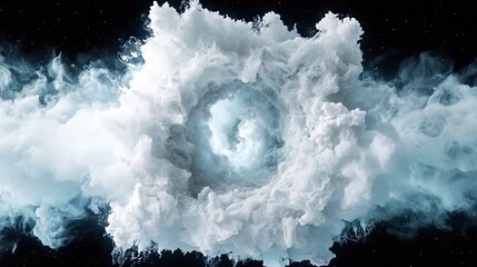 A dynamic vortex of white smoke or clouds expands outwards against a dark, star-speckled background, creating an abstract, ethereal effect.