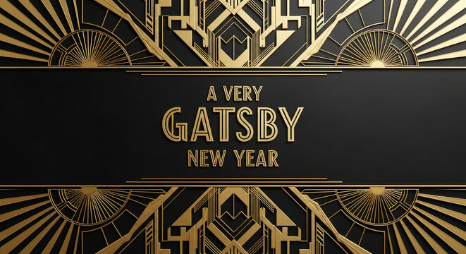 Golden art deco frame on black background, with text A Very Gatsby New Year. Representative of festive, elegant, and retro themed celebration