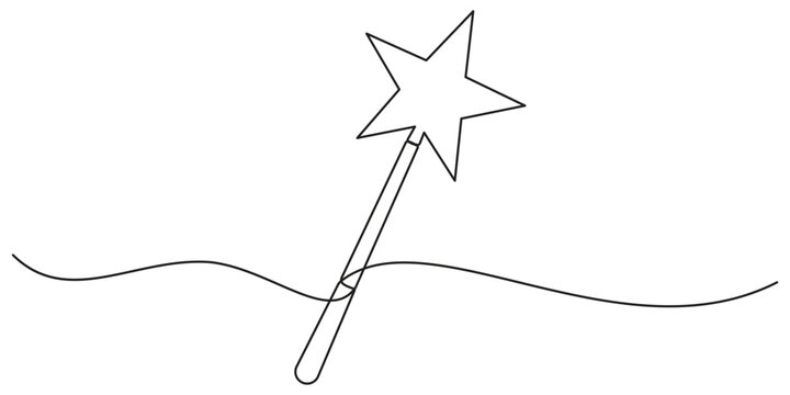 Magic stick one line continuous. Line art Magic Wand. Hand drawn vector art, Magic wand linear drawn continuous icon. Magic staff black one line vector icon, continuous line drawing of magic