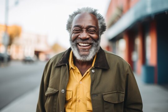 Senior man smiling happily on a city street