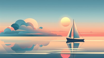 Halcyon Days. illustration, minimalist coastal scene with sailboat on calm waters, geometric sunset, simplified shapes, limited color palette of blues, peach and cream, contemporary graphic style