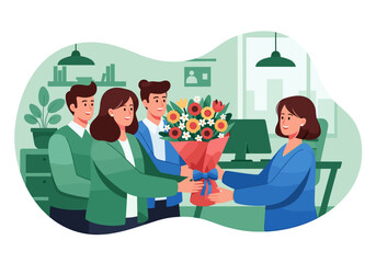 Coworkers giving a bouquet of flowers to a colleague in a bright office setting