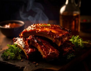 Schweinerippchen mit scharfer Marinade auf einem rustikalen Holzbrett.