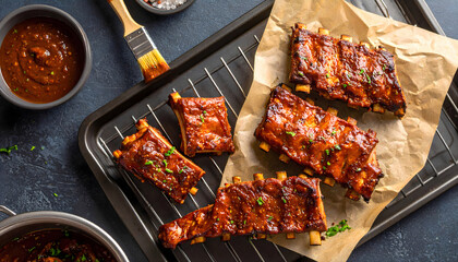 Schweinerippchen mit scharfer Marinade auf einem Backpapier. Draufsicht.
