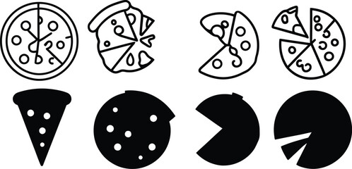 cheese pizza icon set silhouette style minimal vector art illustration on a white background