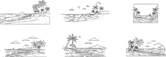 Obraz premium Set of minimalist beach scenes with palm trees in linear style outlines
