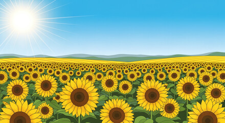 Fototapeta premium Vast Sunflower Field Under Bright Summer Sun Background