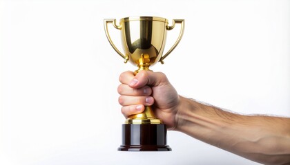 A close-up shot of a male hand firmly holding a golden trophy tilted to the right, isolated on a clean white background.