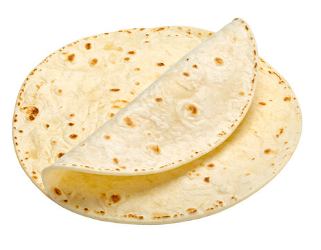 Soft flour tortillas stacked with one folded edge showing toasted texture on isolated background