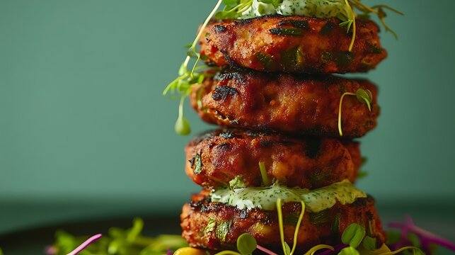 Artistic shot of stacked shami kebabs with microgreens and a drizzle of yogurt-mint sauce