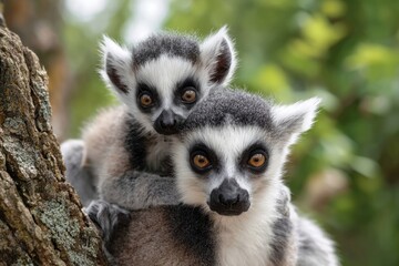 Naklejka premium Close-up of two ring-tailed lemurs, a mother and baby, on a tree