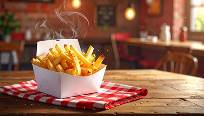 Hot steaming french fries in a white box on a checkered napkin in a restaurant background