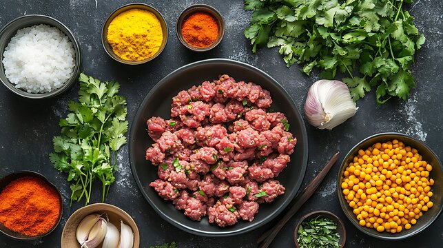 Raw ingredients for shami kebab including minced meat, chana dal, spices and fresh herbs