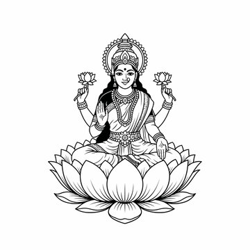 A serene black and white illustration of the Hindu goddess Lakshmi seated on a blooming lotus, holding flowers and bestowing blessings.