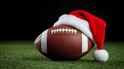a brown leather football with a red santa claus hat with black and green grass background ai