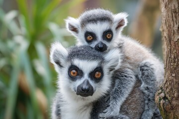 Naklejka premium Close-up of two ring-tailed lemurs, one atop the other