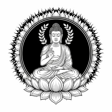 A serene illustration of Gautama Buddha meditating in the lotus position on a lotus flower, framed by an ornate circular halo.