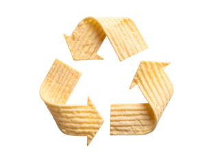 Creative recycle symbol made from curved potato chips arranged as three arrows on isolated background