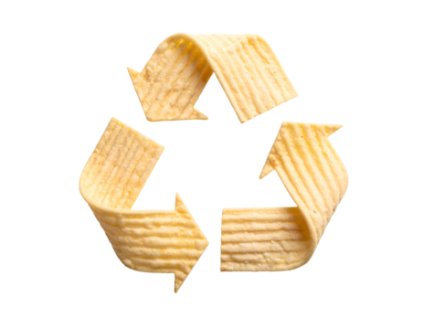Creative recycle symbol made from curved potato chips arranged as three arrows on isolated background