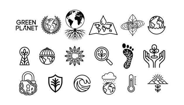 Green planet ecology and nature conservation line icon set - Powered by Adobe