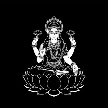 An elegant white line art illustration of the Hindu goddess Lakshmi sitting gracefully on a lotus flower.
