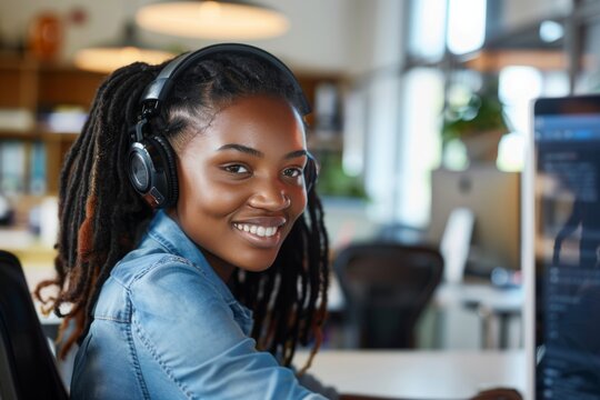 Young woman smiling while working at a computer