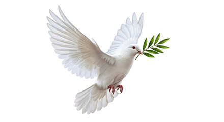 A symbolic white dove holding an olive twig, flying freely as a messenger of peace and spirituality, rendered as a detailed illustration