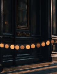 Warm string lights illuminate dark textured building facade with elegant ornate details casting long shadows on cobblestone street during twilight
