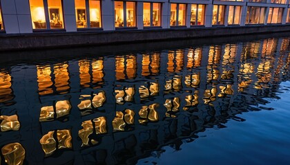 Modern White Building Facade Reflecting Warm Golden Lights on Dark Water Surface at Dusk Illuminated Windows Creating Geometric Patterns